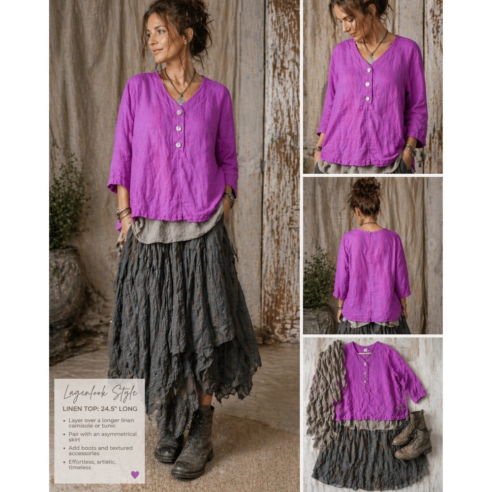 Mosaic USA Linen Tunic Top Fuchsia Pink Medium Relaxed Boho Lagenlook